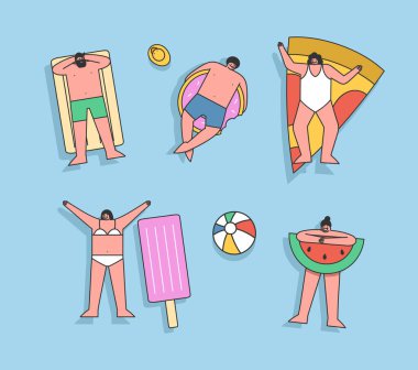 Yüzme havuzunda ya da denizde şişme yataklarda yüzen bir grup insan yaz tatilinin tadını çıkarıyor.