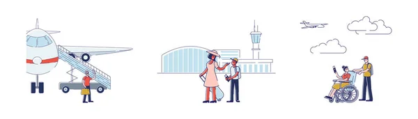 Uppsättning flygpassagerare före ombordstigning på flygplan. Cartoon resenärer väntar på avgång — Stock vektor