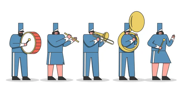 A menetelő zenekar rajzfilmjei. Katonai zenekari tagok egyenruhát viselő hangszerekkel — Stock Vector