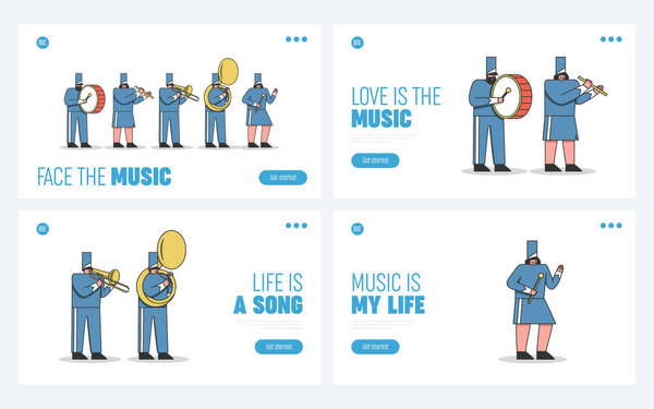 Set of landing pages marching band cartoons. Military orchestra performance for parade or festival