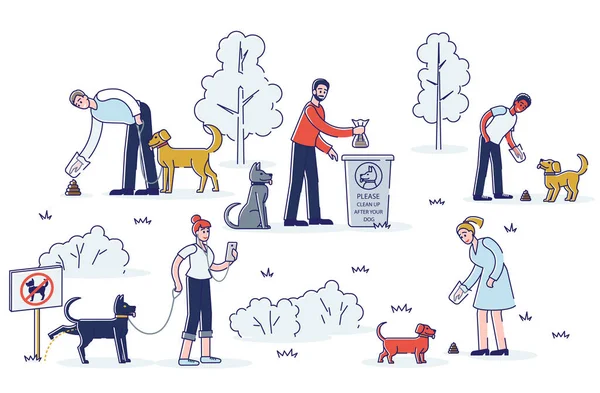 Städning efter hund. Uppsättning sällskapsdjur ägare plocka upp husdjur avfall under promenad i allmän park — Stock vektor