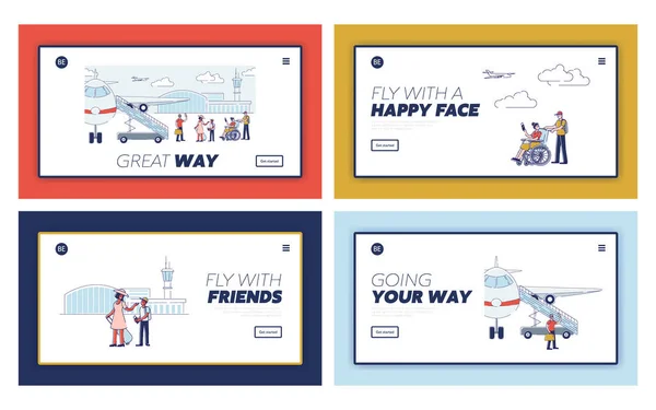 Glückliche Reise-Landing-Seiten mit Cartoon-Passagieren vor dem Einsteigen in Flugzeuge und Abflug — Stockvektor