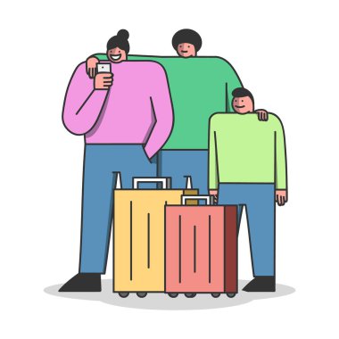 Otelli akıllı telefon ve seyahat rezervasyonu için bilet başvurusu kullanan aile.