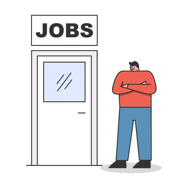 Nouveau concept d'emploi. Homme debout près de la porte d'une nouvelle carrière ou d'une promotion — Image vectorielle