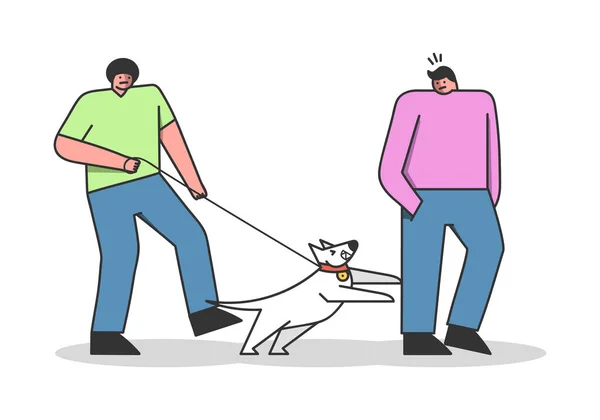 Attaque de chien homme pendant la promenade avec le propriétaire. Caricature canine en laisse aboyant et mordant humain — Image vectorielle