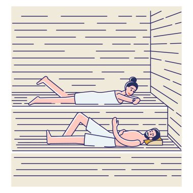 Saunada ya da banyada yıkanan bir çift. Havlulu mutlu adam ve kadın spada dinleniyor.