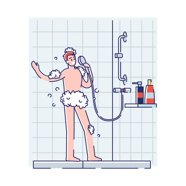 Homme chanter dans la douche blanche baignade dans la salle de bain. gars heureux en mousse en utilisant la douche comme microphone — Image vectorielle