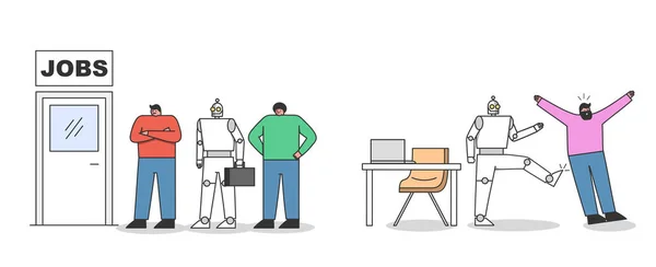 Empleado humano vs robots. Inteligencia artificial y automatización del concepto de lugar de trabajo — Archivo Imágenes Vectoriales