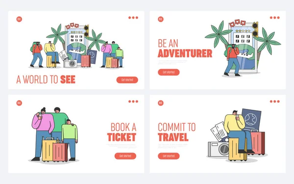Landing Pages auf Reise-Webseiten mit Reisenden über Buchungs-Apps auf Smartphones — Stockvektor