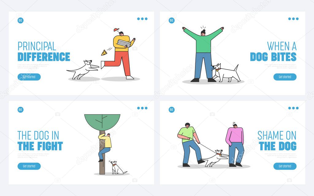 Set of landing pages with dogs attacking human. Aggressive dogs biting and barking on people