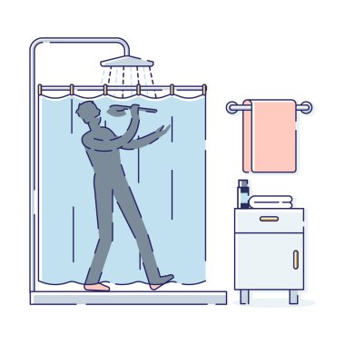 Siluet adam duş alırken şarkı söylüyor. Rahat ve mutlu erkek banyo yapmayı sever.