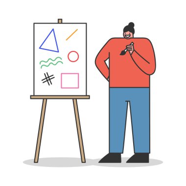 Çizgi filmdeki kadın sehpaya soyut geometrik şekiller çiziyor. Çağdaş kadın sanatçı