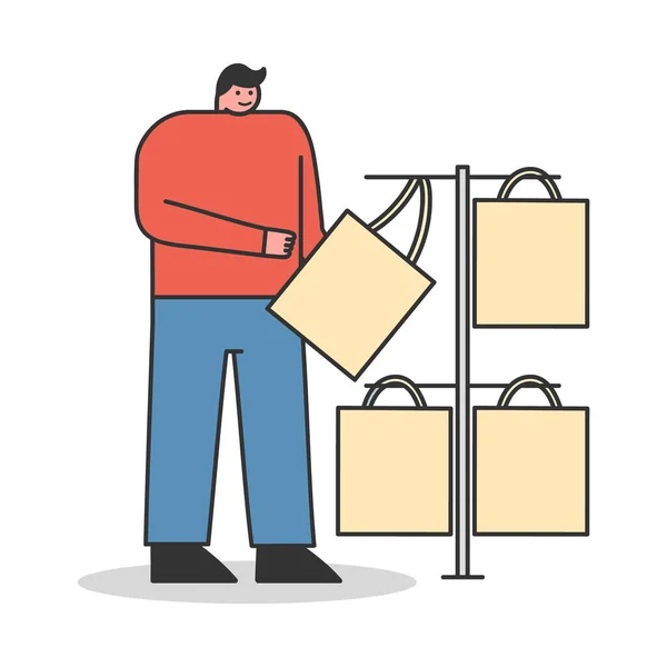 Man choosing eco bag in shop. Zero waste and eco friendly shopping concept — Stock Vector