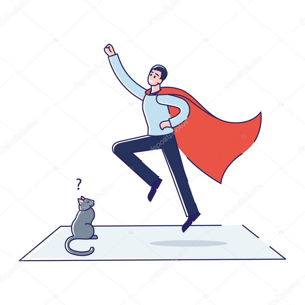 Funny man in red cape dreaming to be super hero. Cartoon guy wearing imagine flying at home