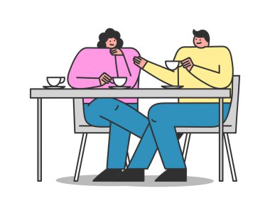 Kafede bir çift. Çizgi film karakterleri masada oturur, çay ya da kahve içer ve konuşurlar.