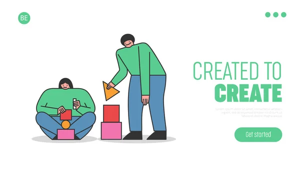 Landing page per il concetto di hobby creativi con persone con mattoni da costruzione che creano figure astratte — Vettoriale Stock