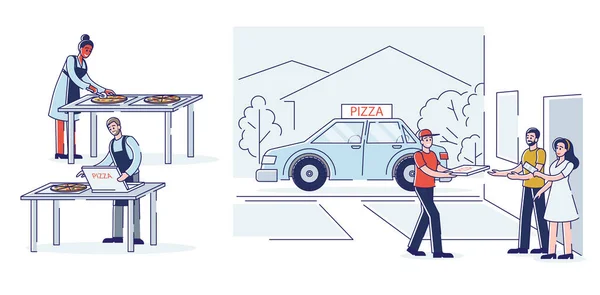 ピザの配送プロセス。スライス、梱包、お客様への配送。ピザ屋労働者のセット — ストックベクタ