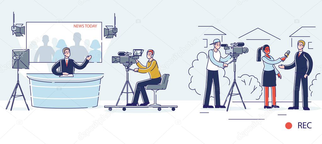 News production process. Presenter studio, journalist report, operator, cameraman