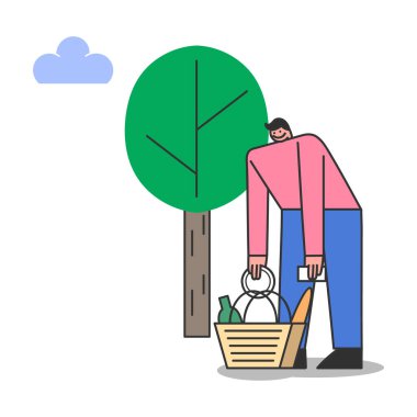 Randevu için parkta piknik hazırlayan adam. Çizgi film erkeği piknik sepeti dolusu lezzetli yiyecekle dışarıda.