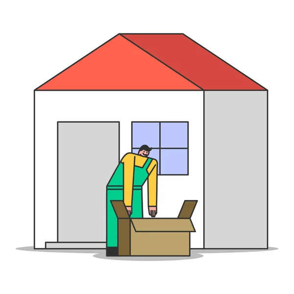 Lader mit Pappschachtel über dem Hintergrund des Hauses. Umzug und Lieferservice-Konzept — Stockvektor