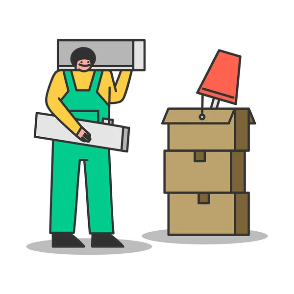 Porter man carrying boxes and furniture. Moving home, shipment and delivery concept — Stock Vector