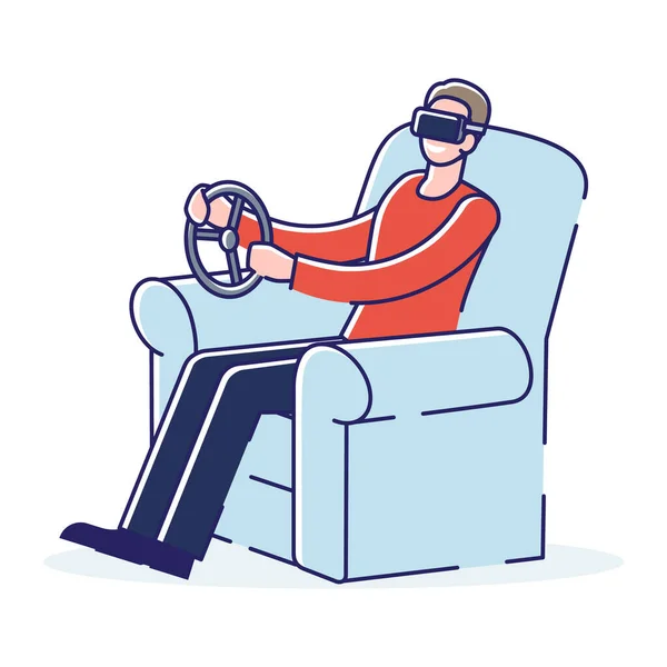 Геймер з VR окулярами та кермом. Симулятор водіння домашнього автомобіля для ігрових технологій — стоковий вектор