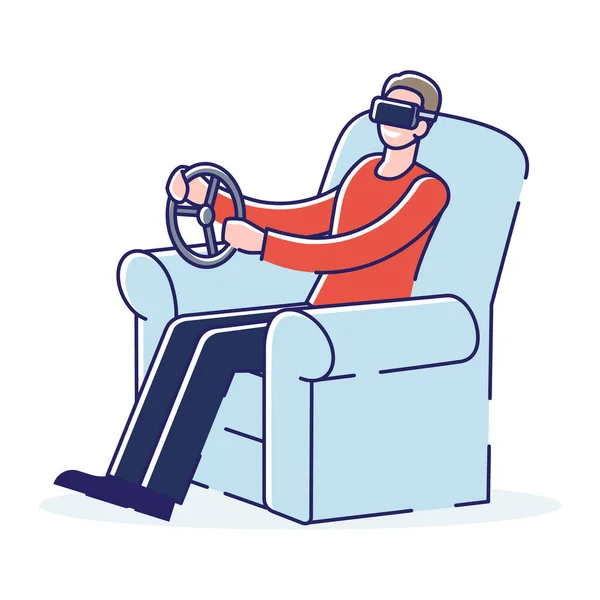 Gamer with VR glasses and steering wheel. Home car driving simulator for gaming technology — Stock Vector