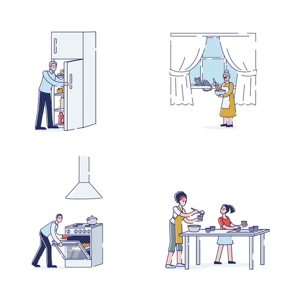Personajes de dibujos animados cocinando - miembros de la familia preparando la comida. Abuelos, padres e hija — Vector de stock