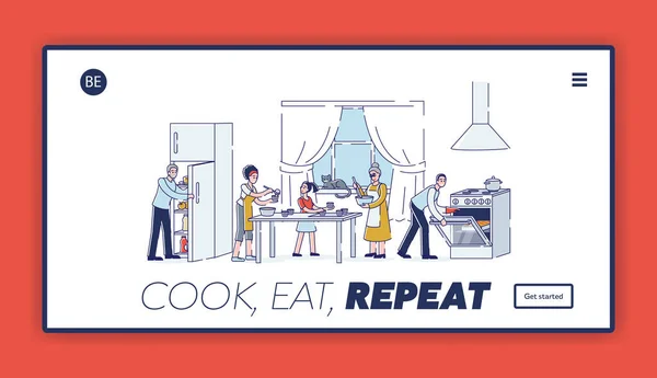 Большая семья готовит вместе на домашней кухне. Посадка страница с поваром, есть, повторять лозунг — стоковый вектор