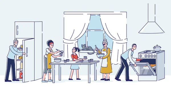 Ev mutfağında büyük bir aile yemeği. Üç kuşak aile yemek hazırlıyor. — Stok Vektör