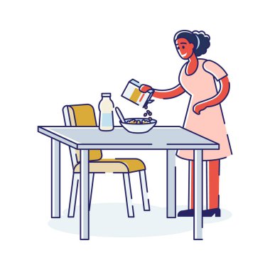 Kahvaltı için yulaf ezmesi pişiren bir kadın. Afro-Amerikalı kız müsli veya granola ile süt hazırlıyor.