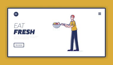 Meyve ve sebzeleri kevgir suyuyla yıkayan bir adamla iniş sayfası.