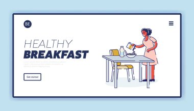 Kahvaltıda yulaf ezmesi pişiren kadınla sağlıklı bir iniş sayfası.