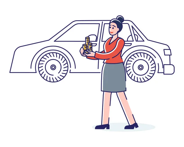 Autopůjčovna nebo nákup. Obchodní žena se zlatými mincemi stojící v autě — Stockový vektor