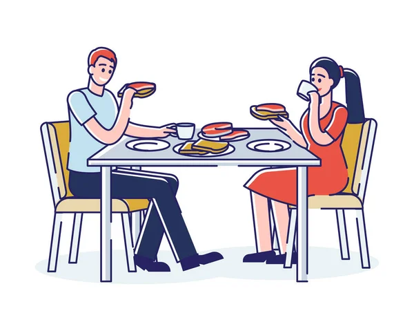 Couple prenant le petit déjeuner ensemble. Homme et femme mangent du sandwich au saumon et boivent du café — Image vectorielle