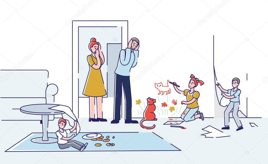 Upset parents and naughty hyperactive kids making mess at home destroying living room