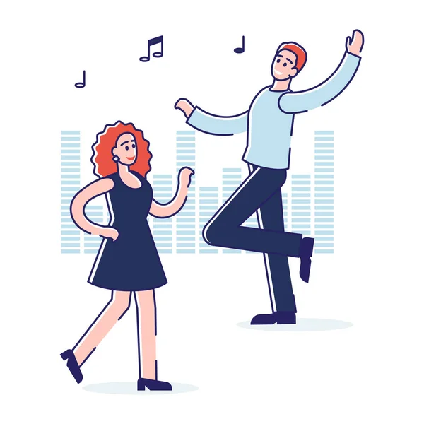 Kreslený pár tančí. Mladý šťastný muž a žena postavy tanec a zpěv — Stockový vektor