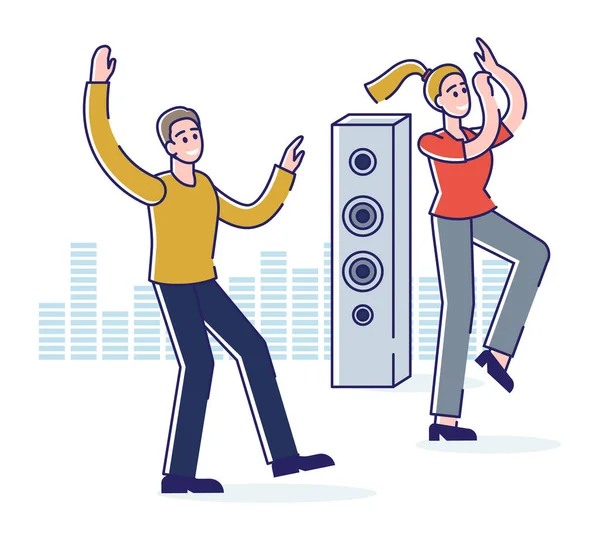 Mladí lidé tančí na diskotéce přes reproduktory a ekvalizér pozadí. Karikatura muž a žena tanec — Stockový vektor
