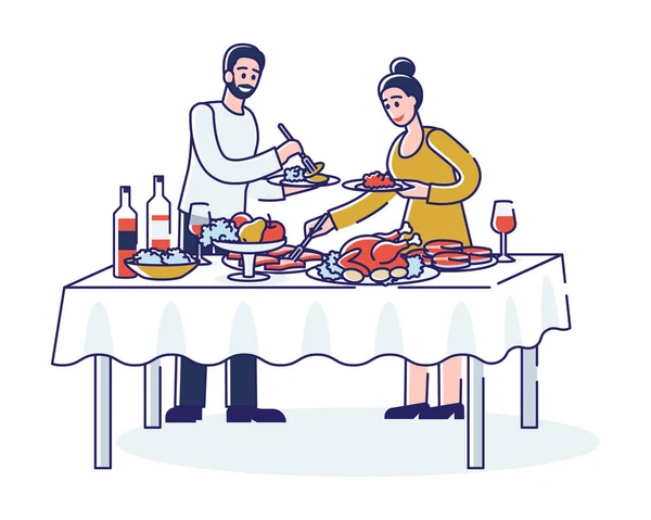 Pessoas no jantar de bufete. Personagens jantando, tomando alimentos durante o banquete, evento de celebração ou festa — Vetor de Stock