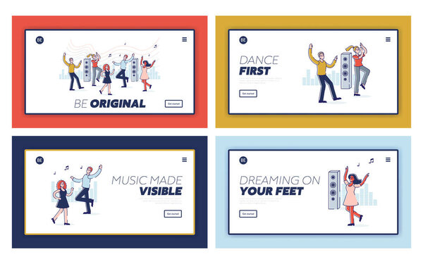 People dancing, set of landing pages with women, men, couples and group of friends enjoy music