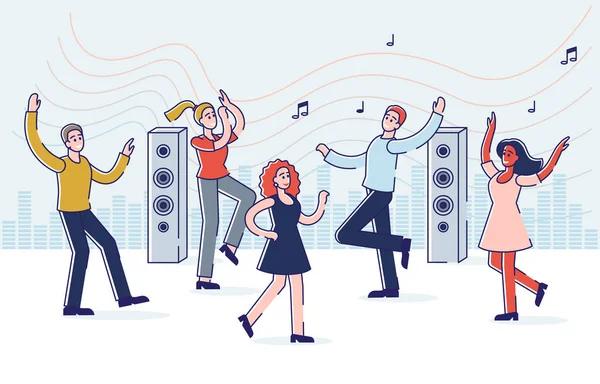 Gente bailando y disfrutando de la música. Grupo de jóvenes dibujos animados sobre celebración, fiesta o discoteca — Vector de stock