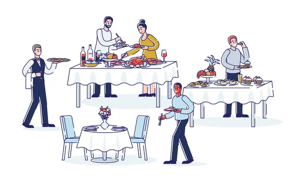 Açık büfe yemeği sırasındaki insanlar. Büfede yemek yiyen çizgi filmler servis edilen masalardan yemek alıyor. — Stok Vektör