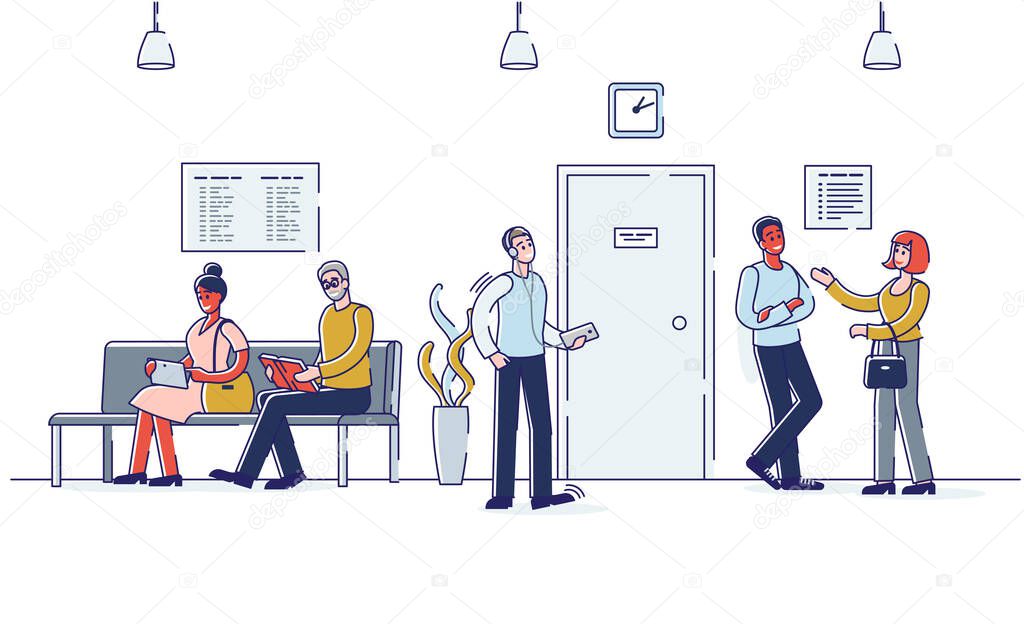 People in hallway sitting and standing wait for business meeting, job interview, doctor consultation