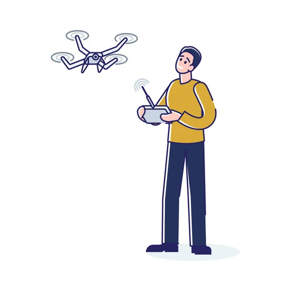 Joven con cuadrohelicóptero o dron. Un tipo sosteniendo el mando a distancia del dron flotando en el cielo — Archivo Imágenes Vectoriales