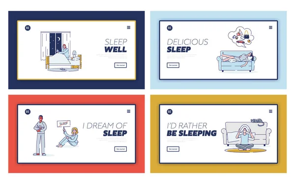 Establecer páginas de aterrizaje con personas que sufren de insomnio. Personajes de dibujos animados no podían dormir por la noche — Archivo Imágenes Vectoriales
