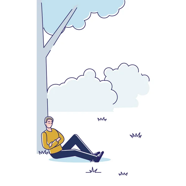 Hombre sentado bajo el árbol relajado descansando. Dibujos animados masculina siesta al aire libre recreación en el parque — Archivo Imágenes Vectoriales