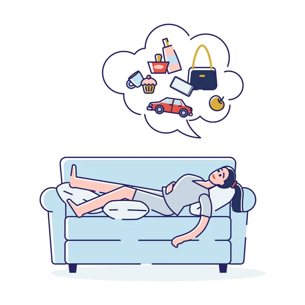 Sömnlös flicka som ligger på soffan och drömmer om framtid och shopping. Begreppet sömnlöshet — Stock vektor