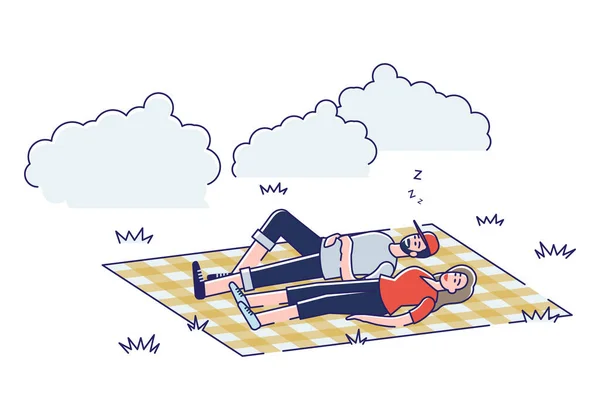 Coppia sdraiata su una coperta nel parco. Giovane uomo e donna rilassante dopo il picnic all'aperto — Vettoriale Stock