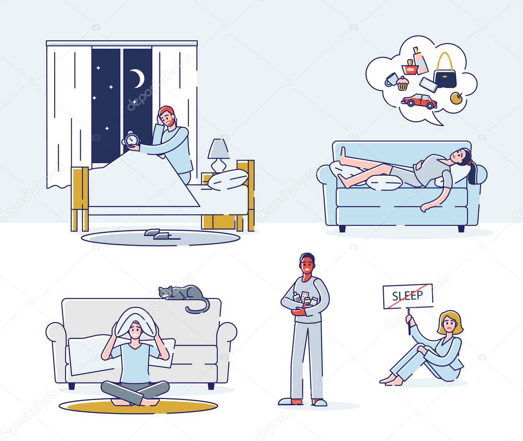 Vettoriale stockSerie di persone che soffrono di insonnia. Personaggi dei cartoni  animati non potevano dormire la notte di ©zuperia #393982654, image size:1024x863