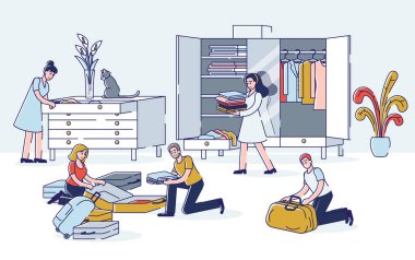 Bavul taşımak için toplanan insanlar. Genç erkekler ve kadınlar giysilerini bavullarına koyuyorlar.